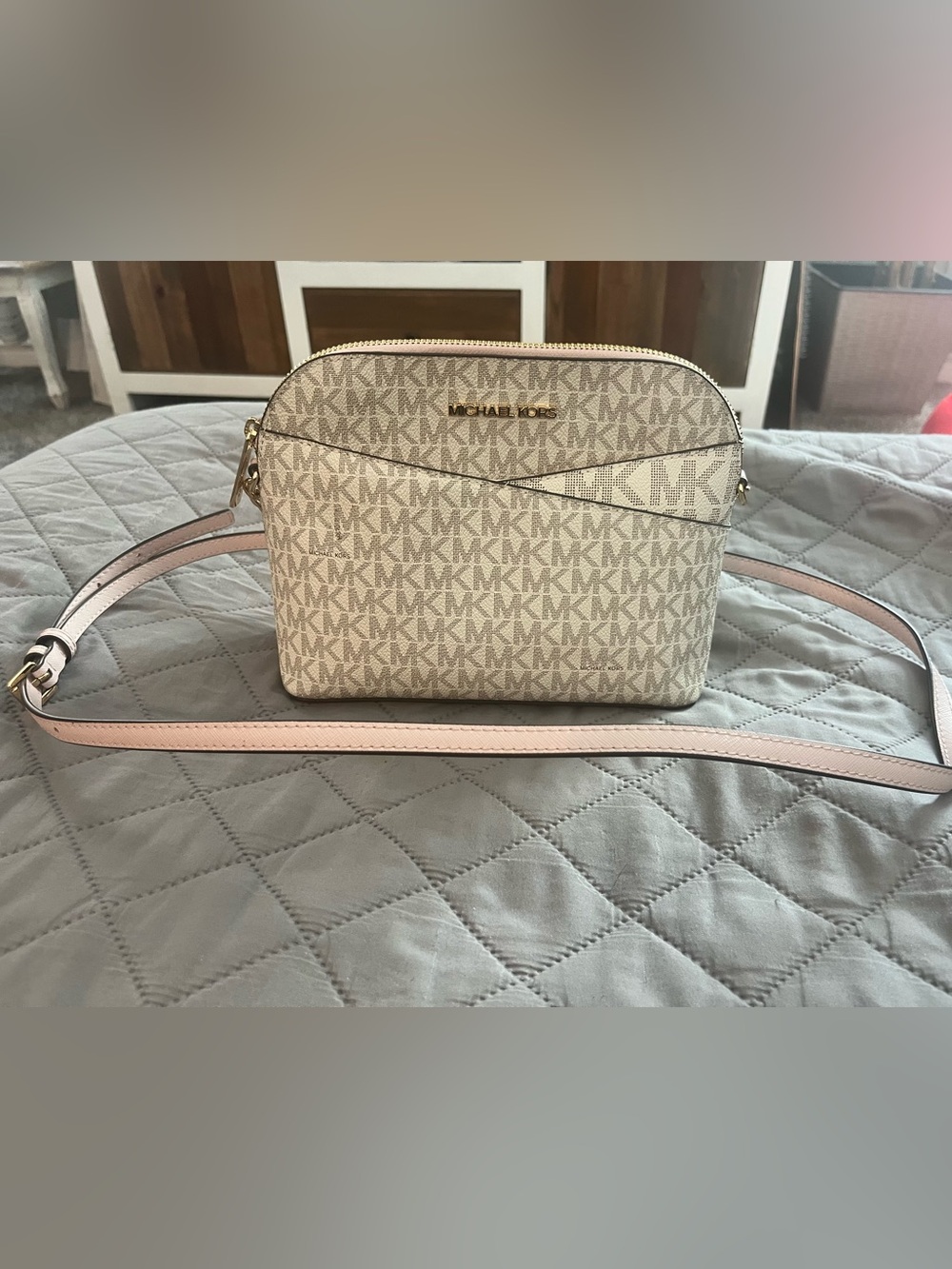 Michael Kors Beige Logo Crossbody with Pink Strap